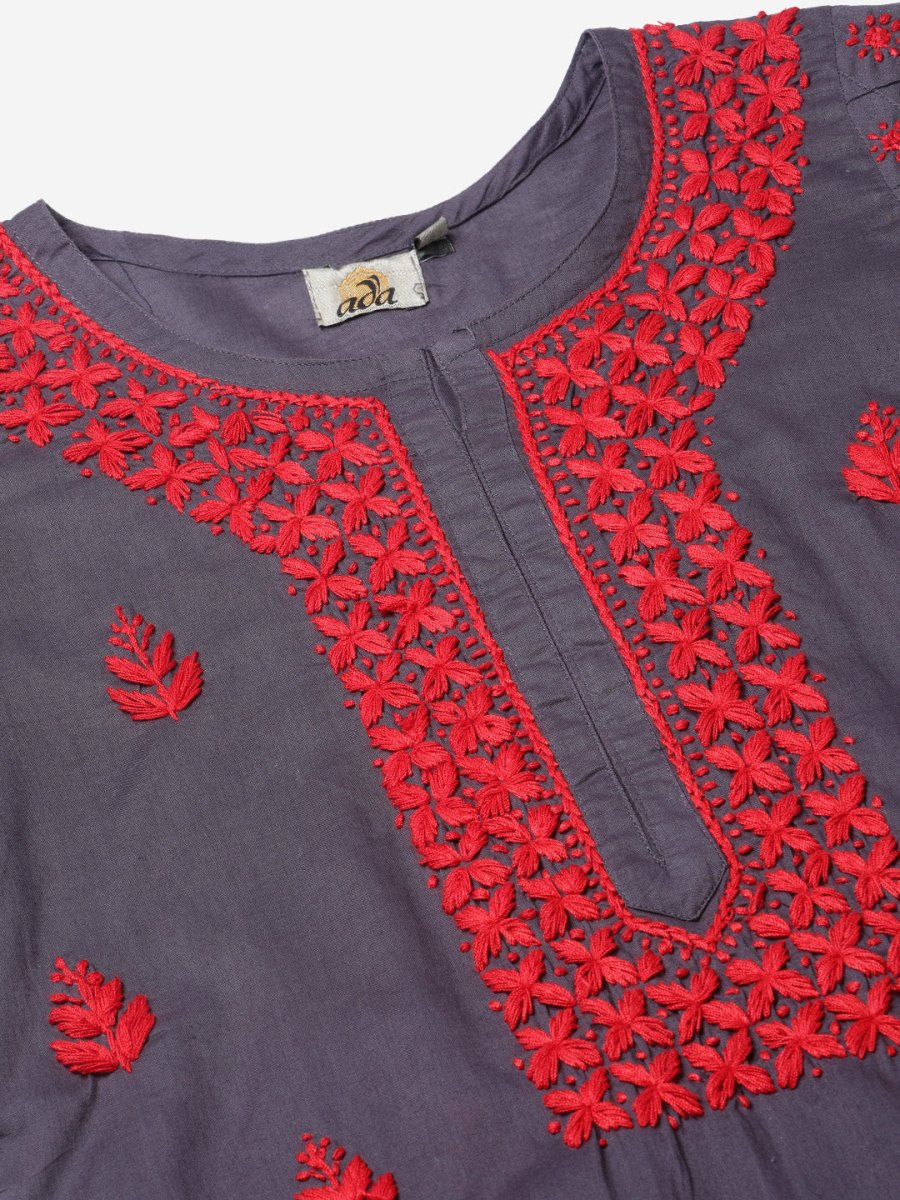ADA Women Charcoal Grey & Red Chikankari Hand Embroidered Cotton Straight Sustainable Handloom Kurta | Swadesiicart