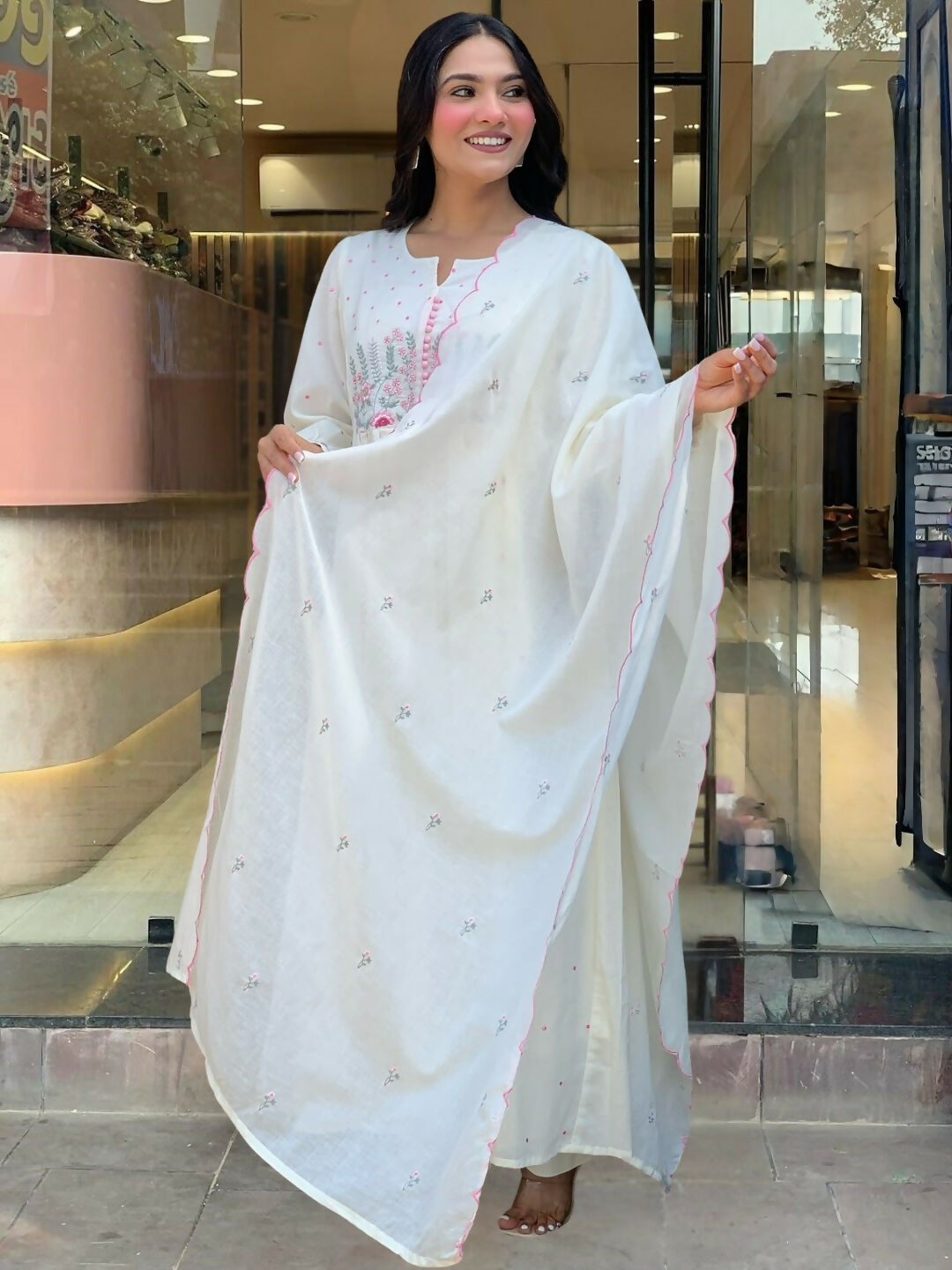 The52 White Women's Beautiful Cotton Fabric Thread Work Straight Kurta Pant and Dupatta Set - Swadesiicart