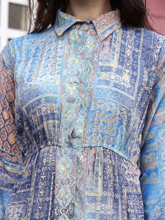 Light Blue Crepe Foil Printed Long Dress - Michan | Swadesiicart