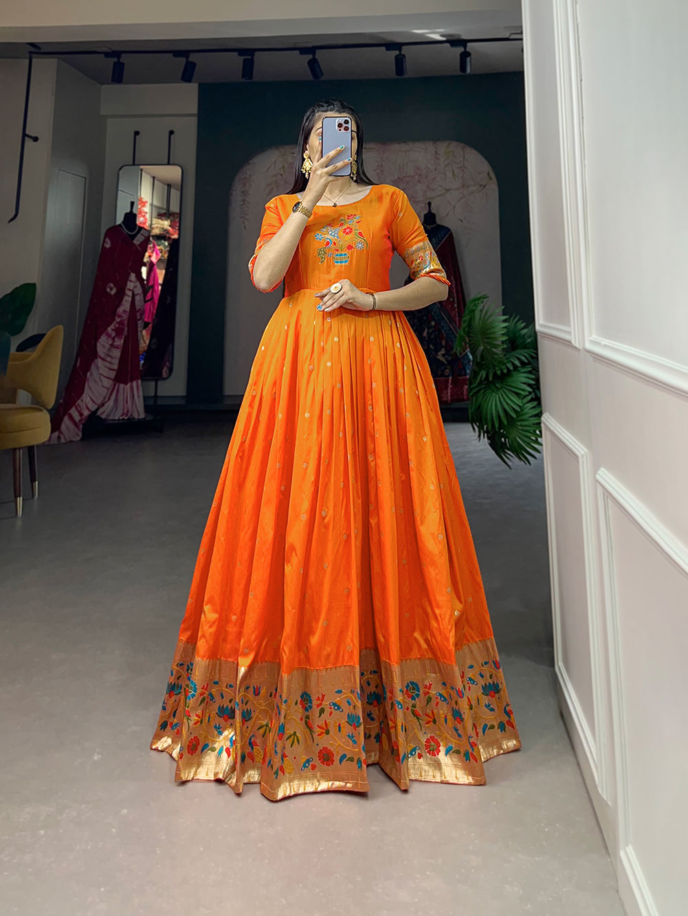Lorenvalley Orange Jacquard Silk Paithani Woven Design Gown | Swadesiicart