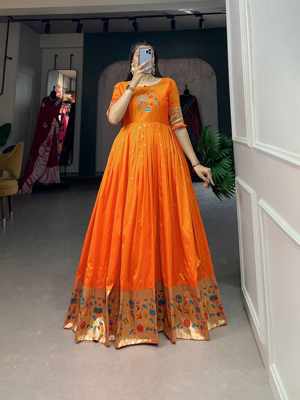 Lorenvalley Orange Jacquard Silk Paithani Woven Design Gown | Swadesiicart