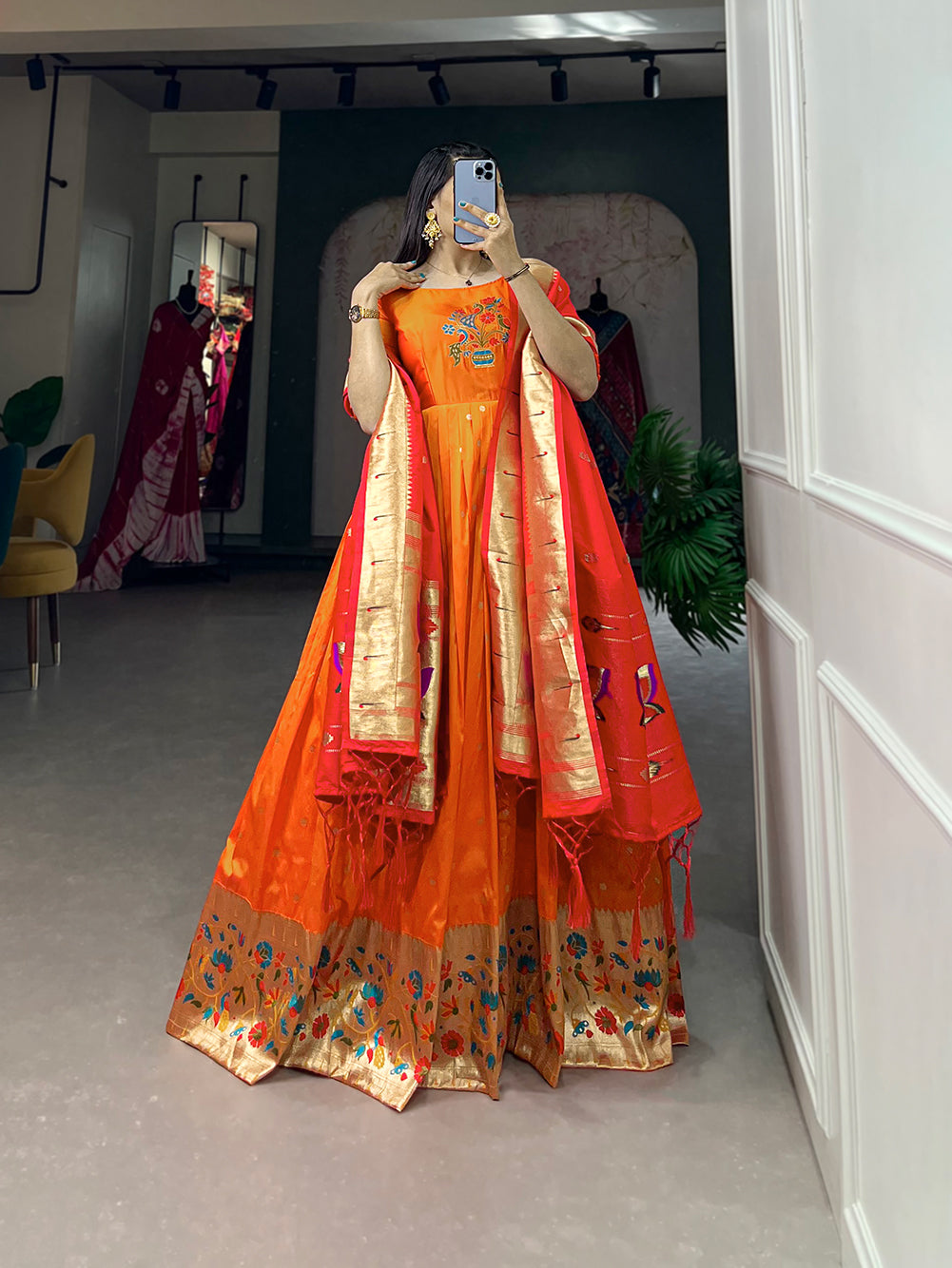 Lorenvalley Orange Jacquard Silk Paithani Woven Design Gown with Dupatta | Swadesiicart