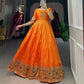 Lorenvalley Orange Jacquard Silk Paithani Woven Design Gown | Swadesiicart