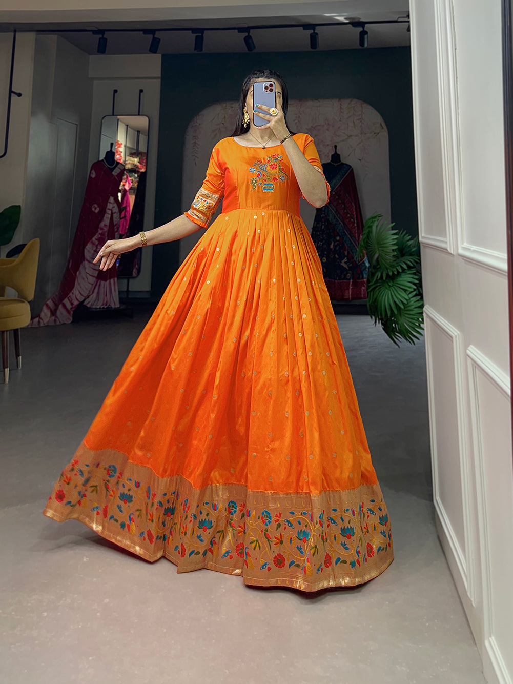 Lorenvalley Orange Jacquard Silk Paithani Woven Design Gown | Swadesiicart