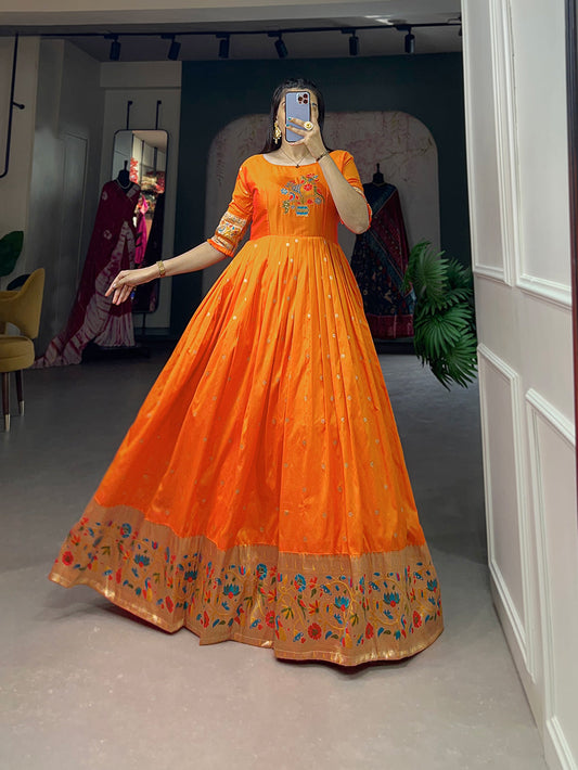 Lorenvalley Orange Jacquard Silk Paithani Woven Design Gown | Swadesiicart