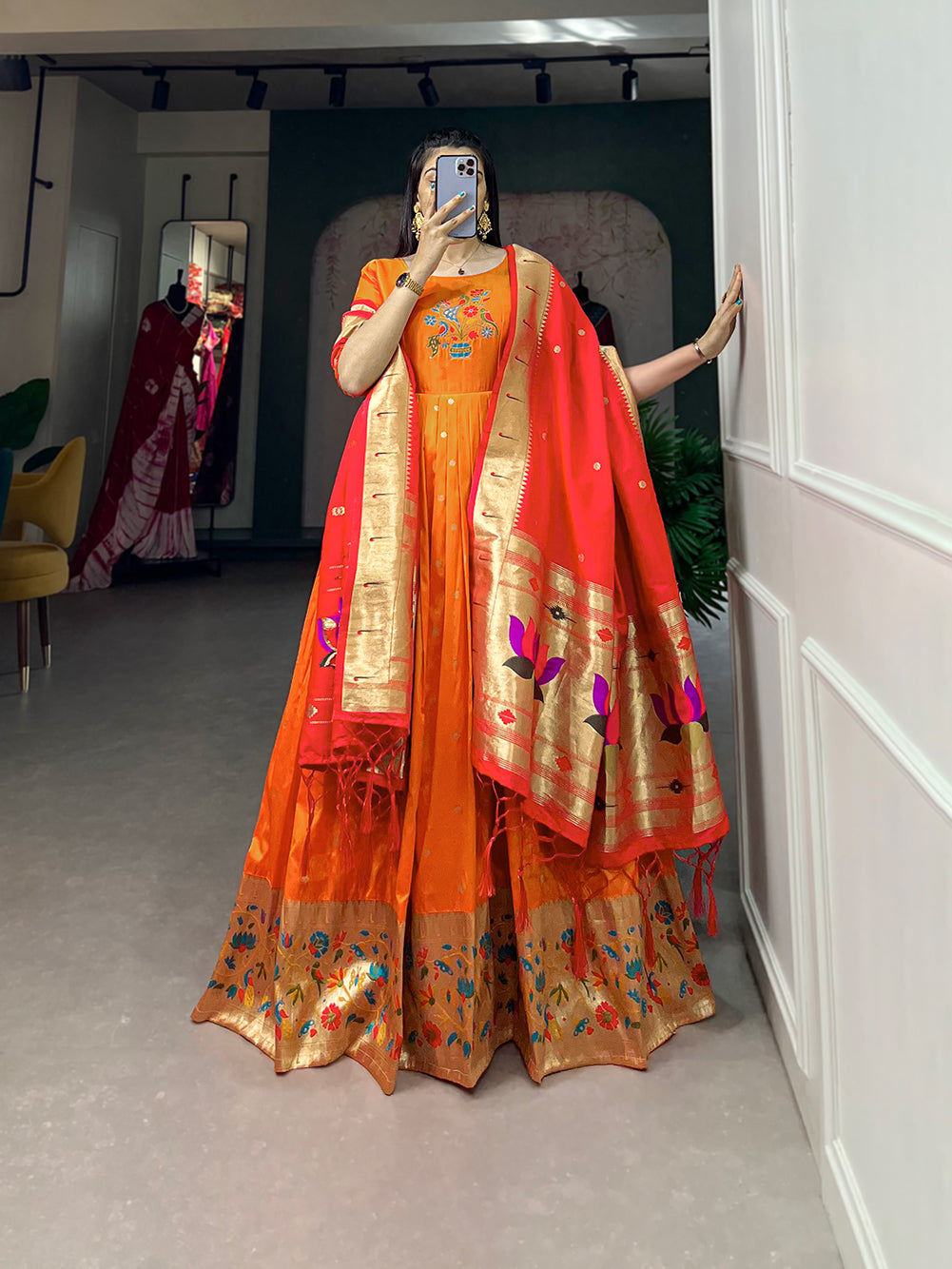 Lorenvalley Orange Jacquard Silk Paithani Woven Design Gown with Dupatta | Swadesiicart