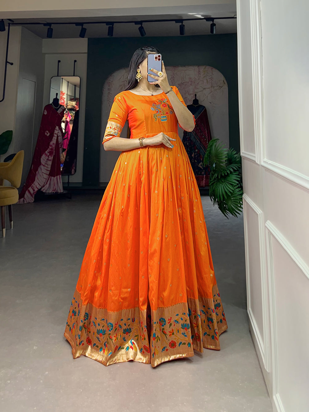 Lorenvalley Orange Jacquard Silk Paithani Woven Design Gown | Swadesiicart