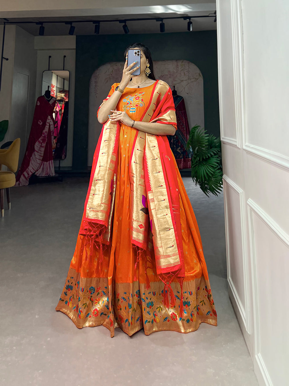 Lorenvalley Orange Jacquard Silk Paithani Woven Design Gown with Dupatta | Swadesiicart