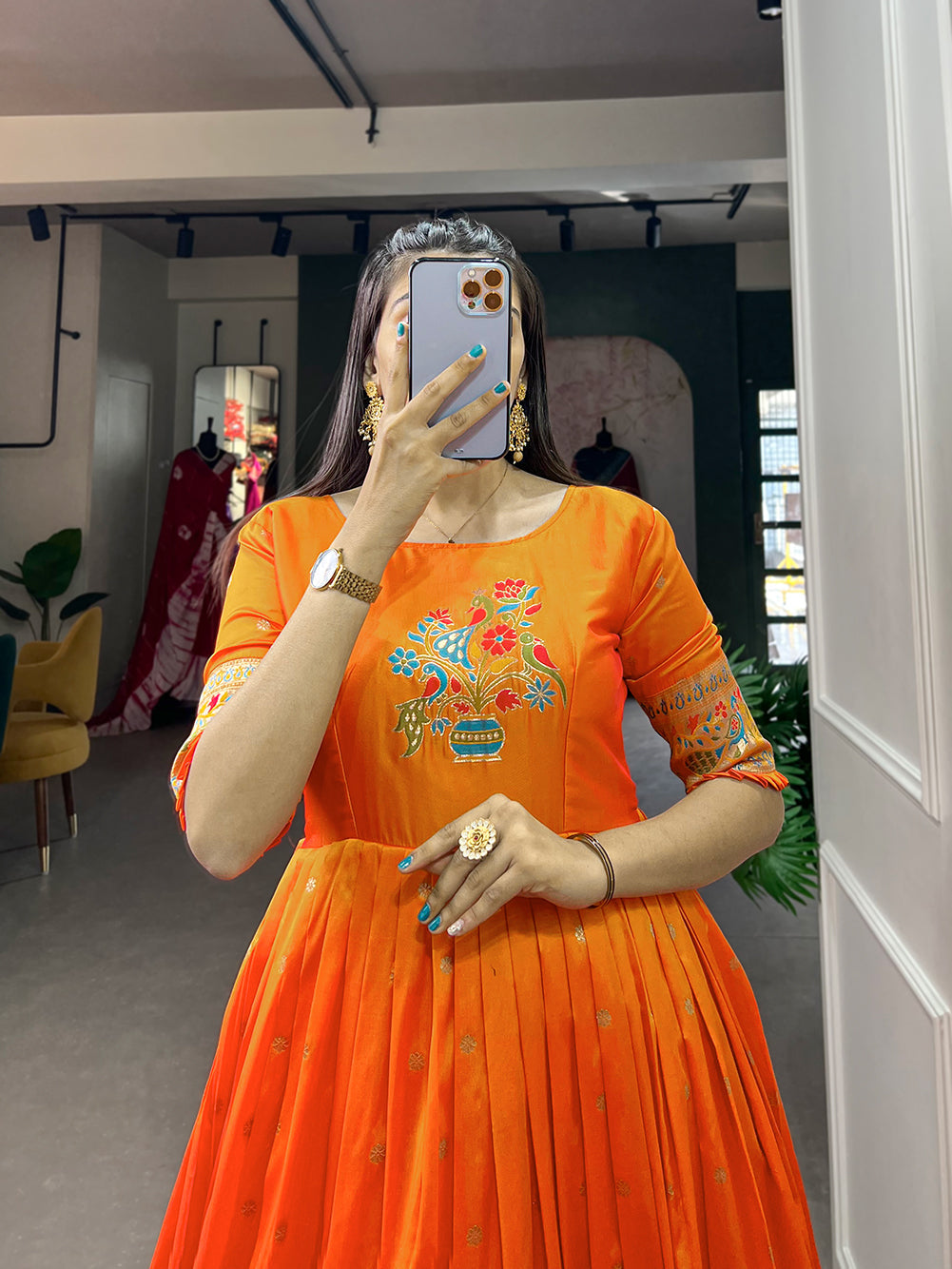 Lorenvalley Orange Jacquard Silk Paithani Woven Design Gown | Swadesiicart