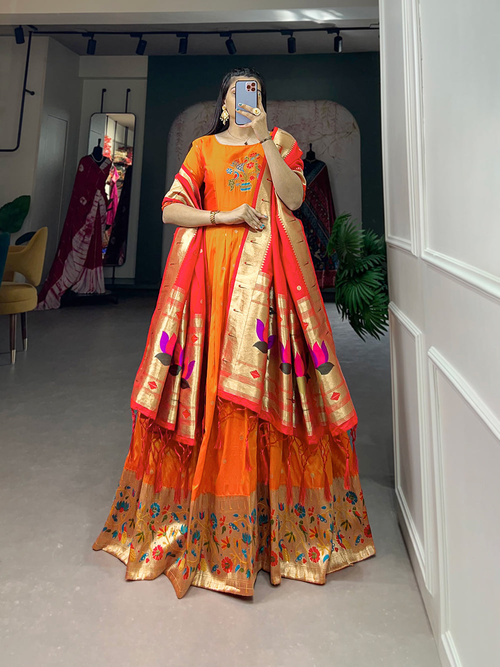 Lorenvalley Orange Jacquard Silk Paithani Woven Design Gown with Dupatta | Swadesiicart