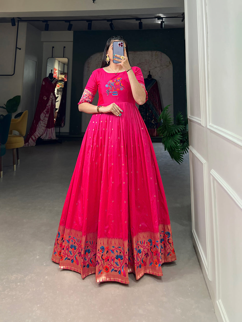 Lorenvalley Pink Jacquard Silk Paithani Woven Design Gown | Swadesiicart