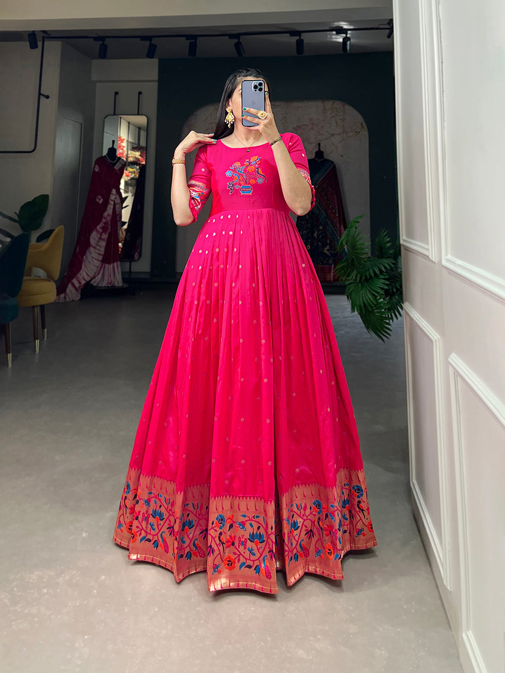 Lorenvalley Pink Jacquard Silk Paithani Woven Design Gown | Swadesiicart
