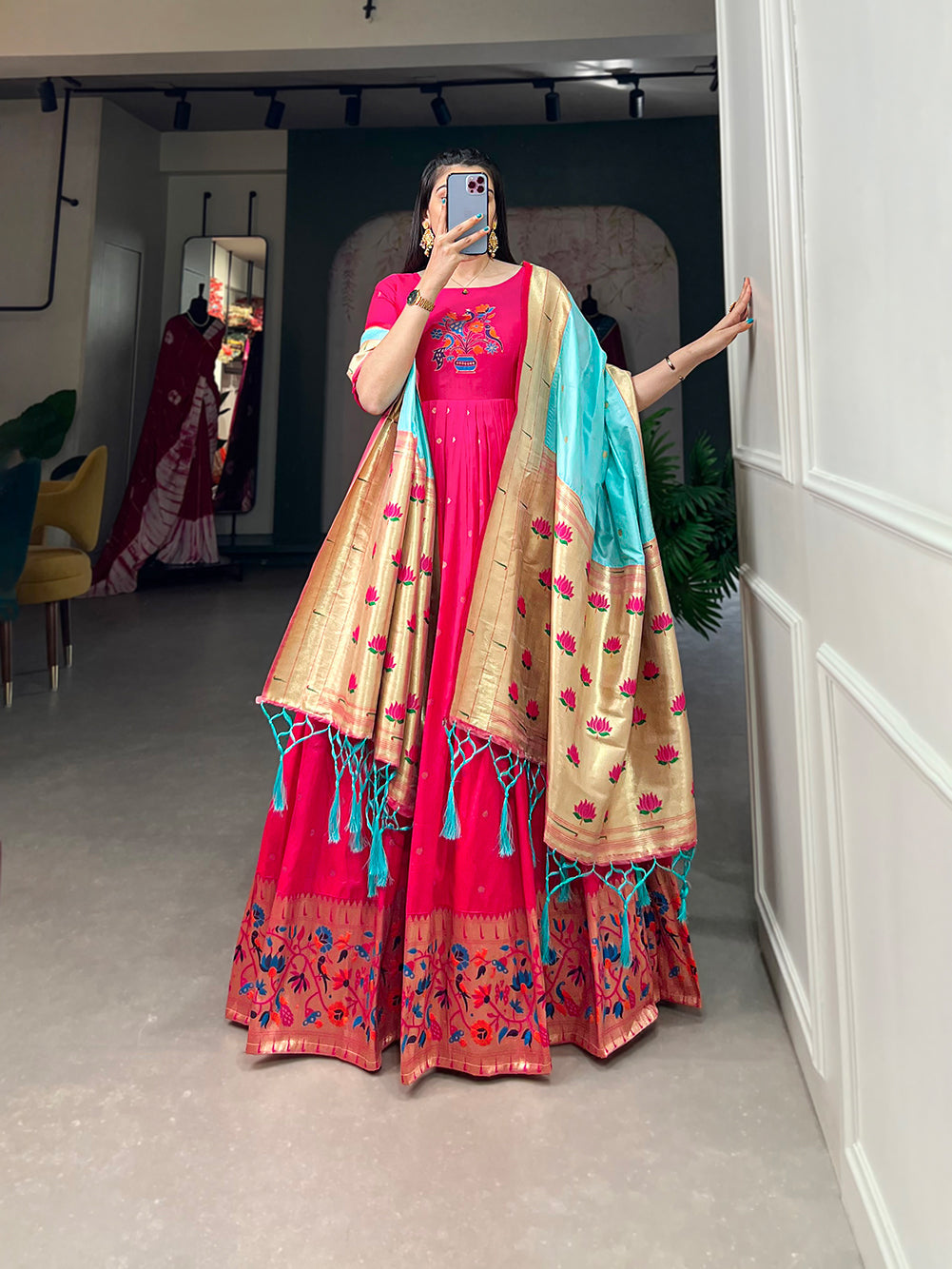 Lorenvalley Pink Jacquard Silk Paithani Woven Design Gown with Dupatta | Swadesiicart