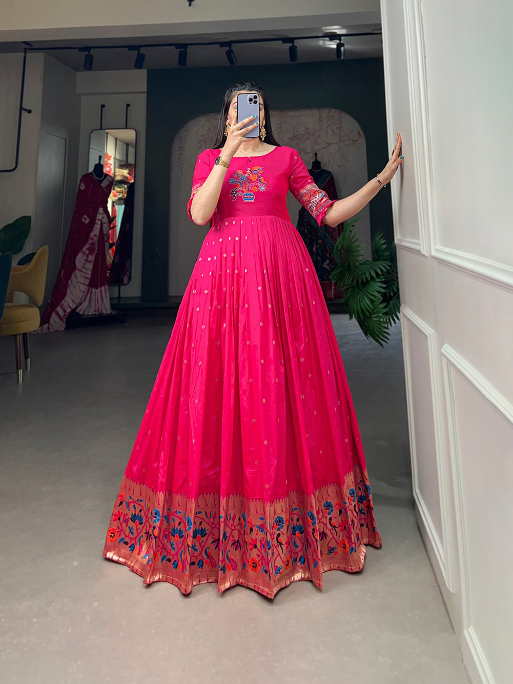 Lorenvalley Pink Jacquard Silk Paithani Woven Design Gown | Swadesiicart