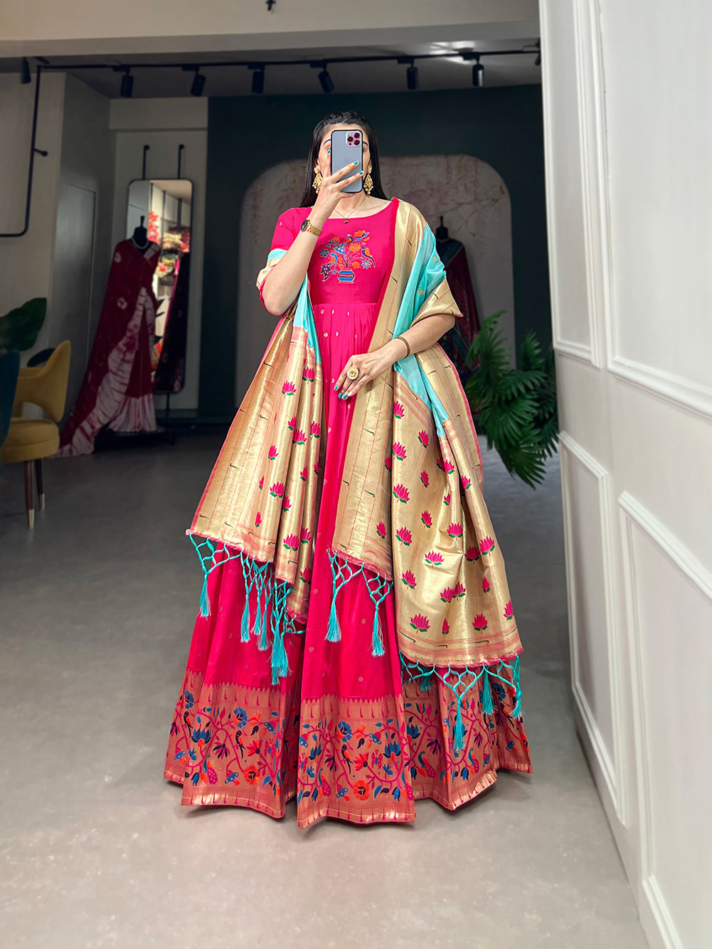Lorenvalley Pink Jacquard Silk Paithani Woven Design Gown with Dupatta | Swadesiicart