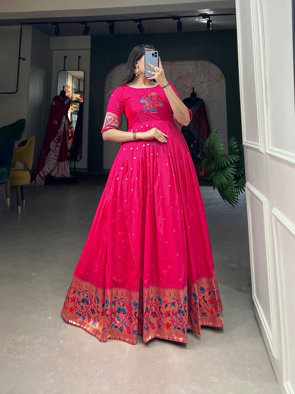 Lorenvalley Pink Jacquard Silk Paithani Woven Design Gown | Swadesiicart