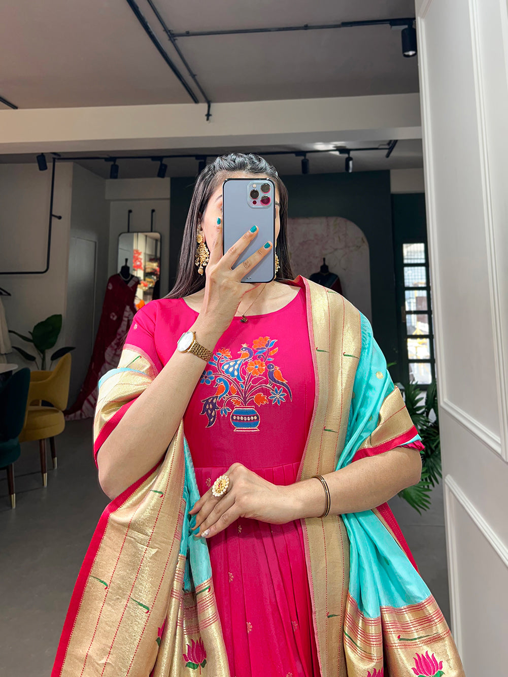 Lorenvalley Pink Jacquard Silk Paithani Woven Design Gown with Dupatta | Swadesiicart