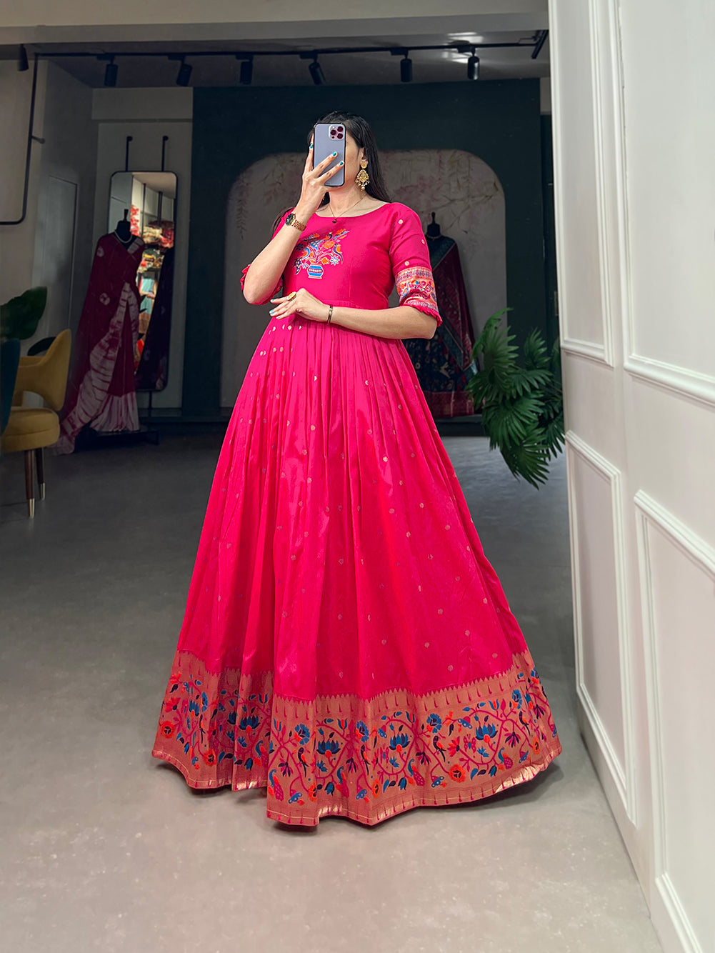 Lorenvalley Pink Jacquard Silk Paithani Woven Design Gown | Swadesiicart