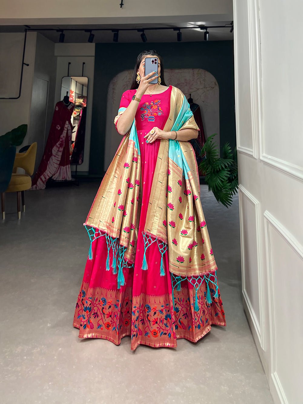 Lorenvalley Pink Jacquard Silk Paithani Woven Design Gown with Dupatta | Swadesiicart