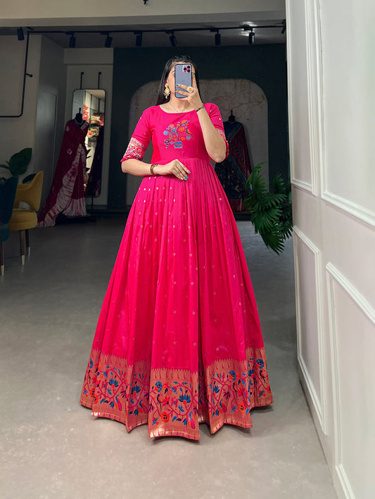Lorenvalley Pink Jacquard Silk Paithani Woven Design Gown | Swadesiicart