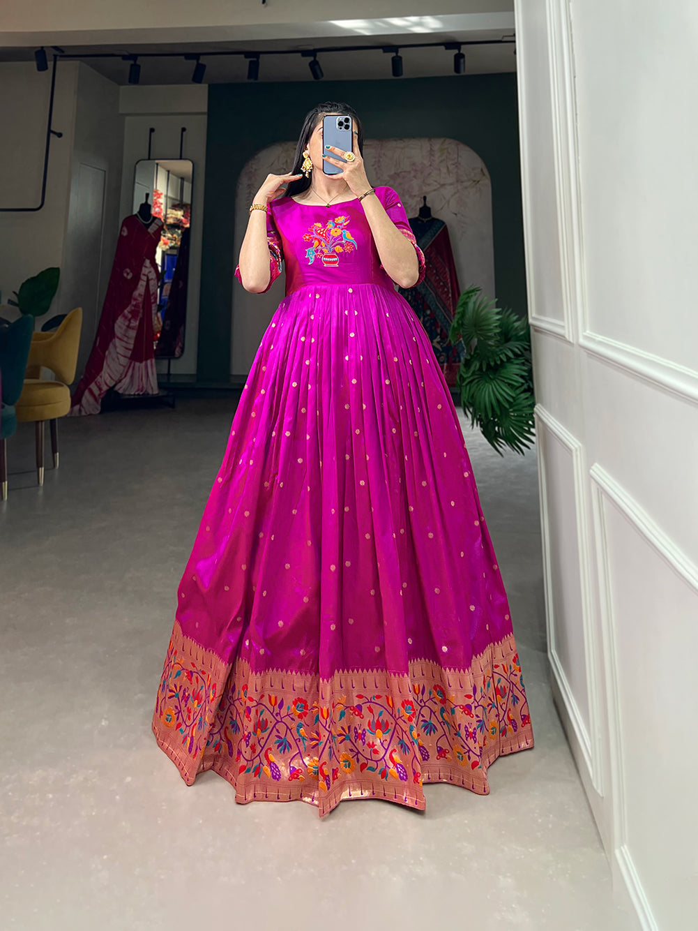 Lorenvalley Purple Jacquard Silk Paithani Woven Design Gown | Swadesiicart