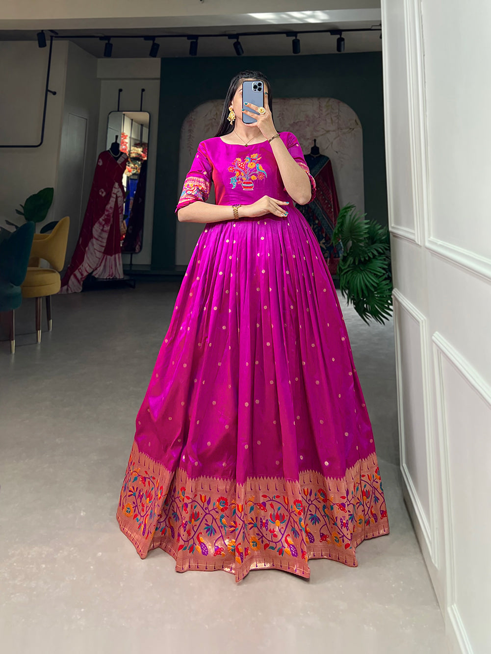 Lorenvalley Purple Jacquard Silk Paithani Woven Design Gown | Swadesiicart