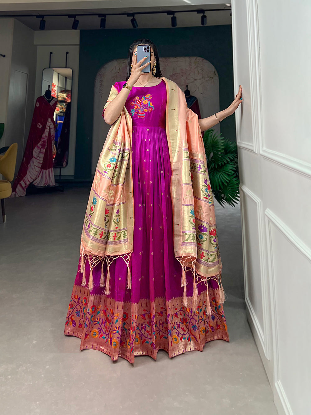 Lorenvalley Purple Jacquard Silk Paithani Woven Design Gown with Dupatta | Swadesiicart