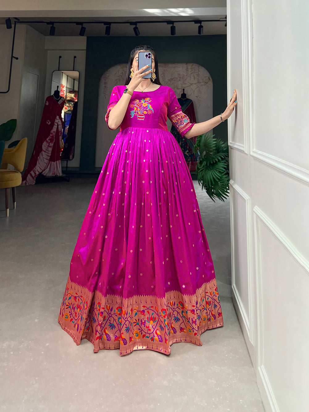 Lorenvalley Purple Jacquard Silk Paithani Woven Design Gown | Swadesiicart