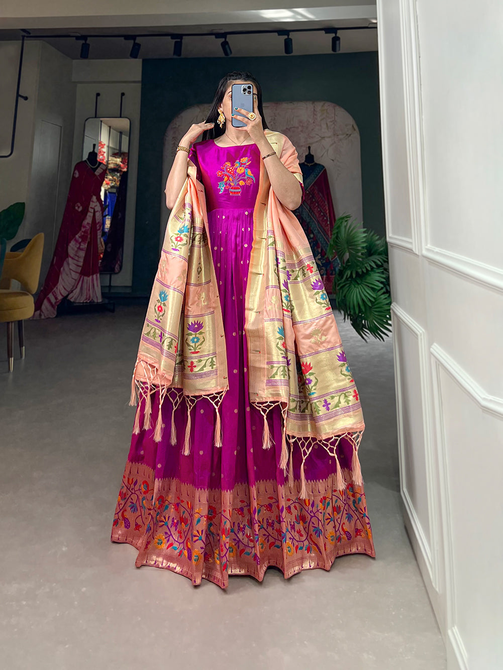 Lorenvalley Purple Jacquard Silk Paithani Woven Design Gown with Dupatta | Swadesiicart