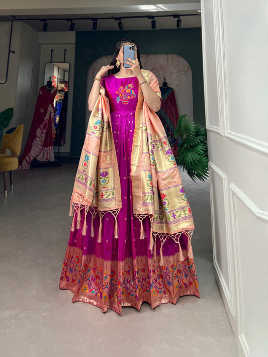 Lorenvalley Purple Jacquard Silk Paithani Woven Design Gown with Dupatta | Swadesiicart