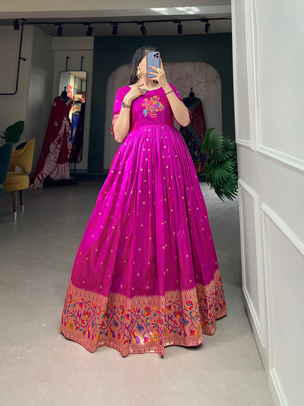 Lorenvalley Purple Jacquard Silk Paithani Woven Design Gown | Swadesiicart