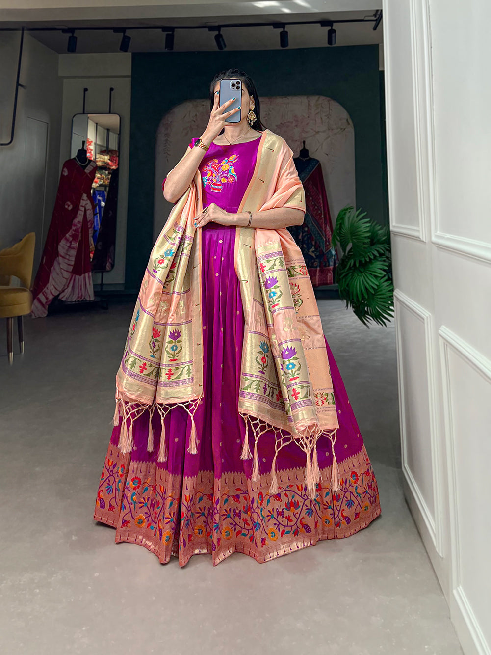 Lorenvalley Purple Jacquard Silk Paithani Woven Design Gown with Dupatta | Swadesiicart