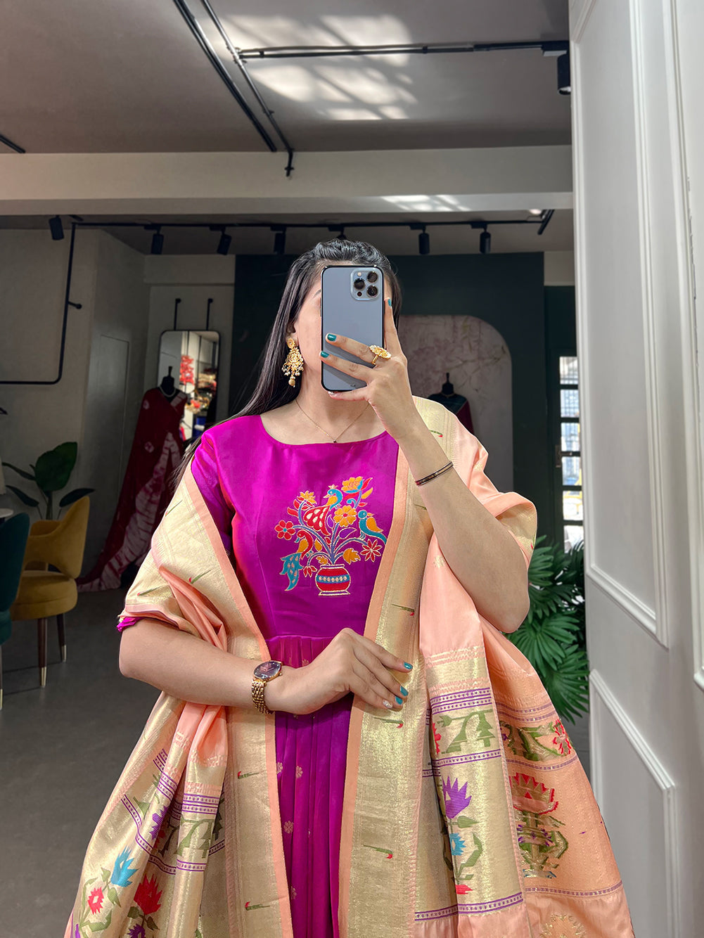 Lorenvalley Purple Jacquard Silk Paithani Woven Design Gown with Dupatta | Swadesiicart