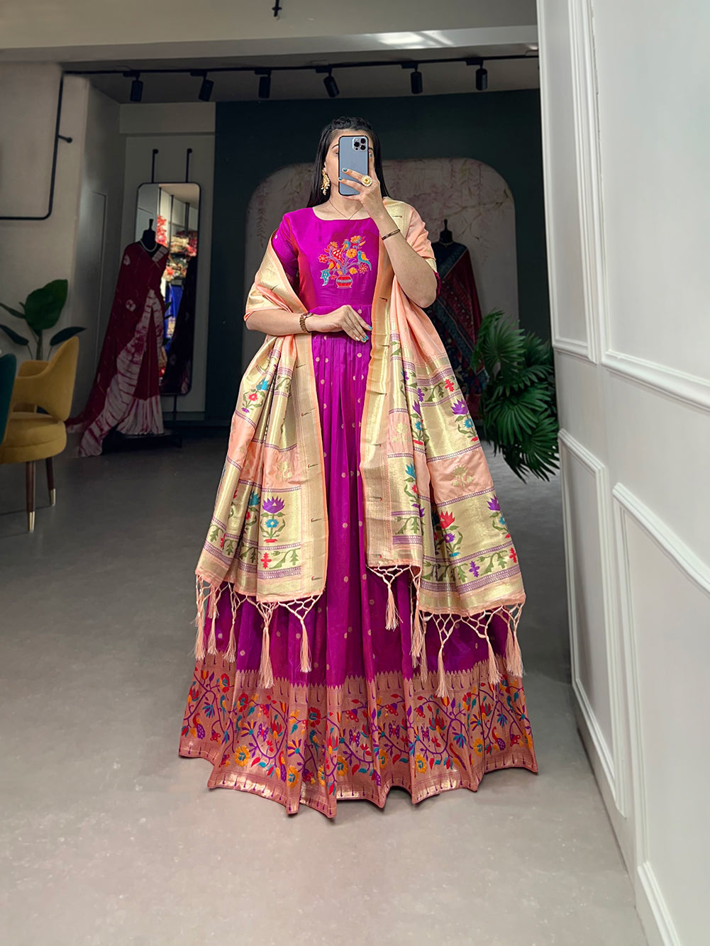 Lorenvalley Purple Jacquard Silk Paithani Woven Design Gown with Dupatta | Swadesiicart