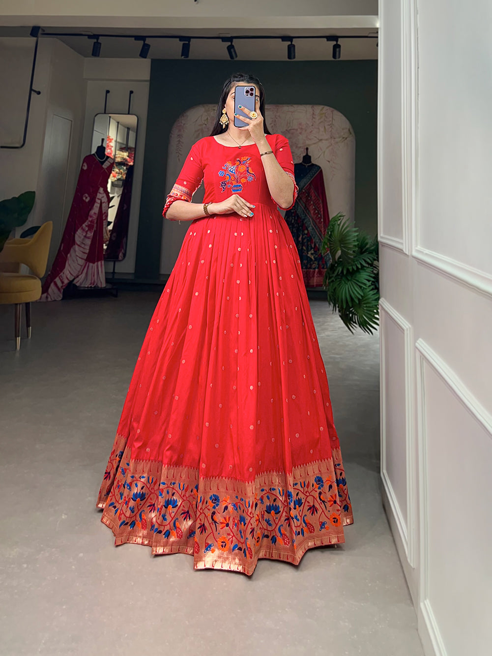 Lorenvalley Red Jacquard Silk Paithani Woven Design Gown | Swadesiicart