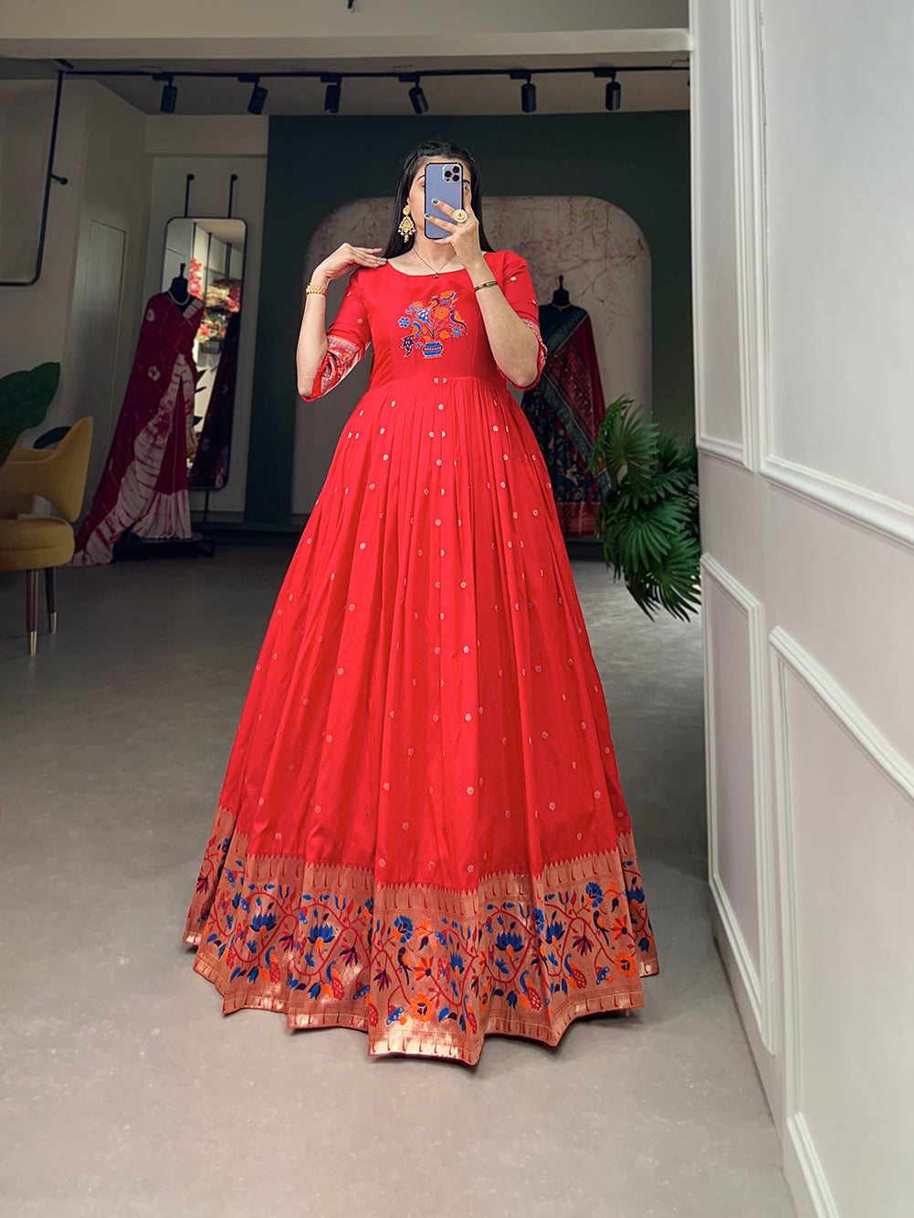 Lorenvalley Red Jacquard Silk Paithani Woven Design Gown | Swadesiicart