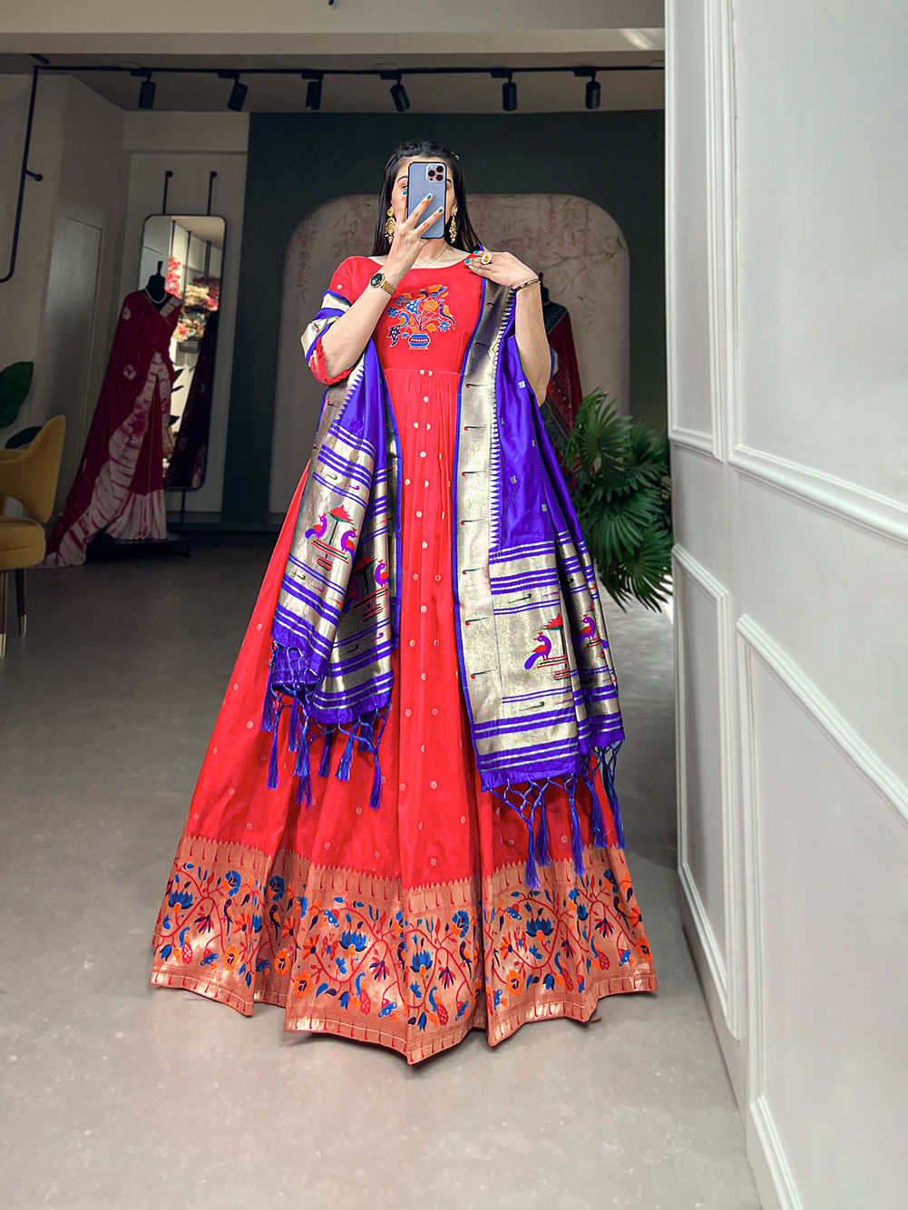 Lorenvalley Red Jacquard Silk Paithani Woven Design Gown with Dupatta | Swadesiicart