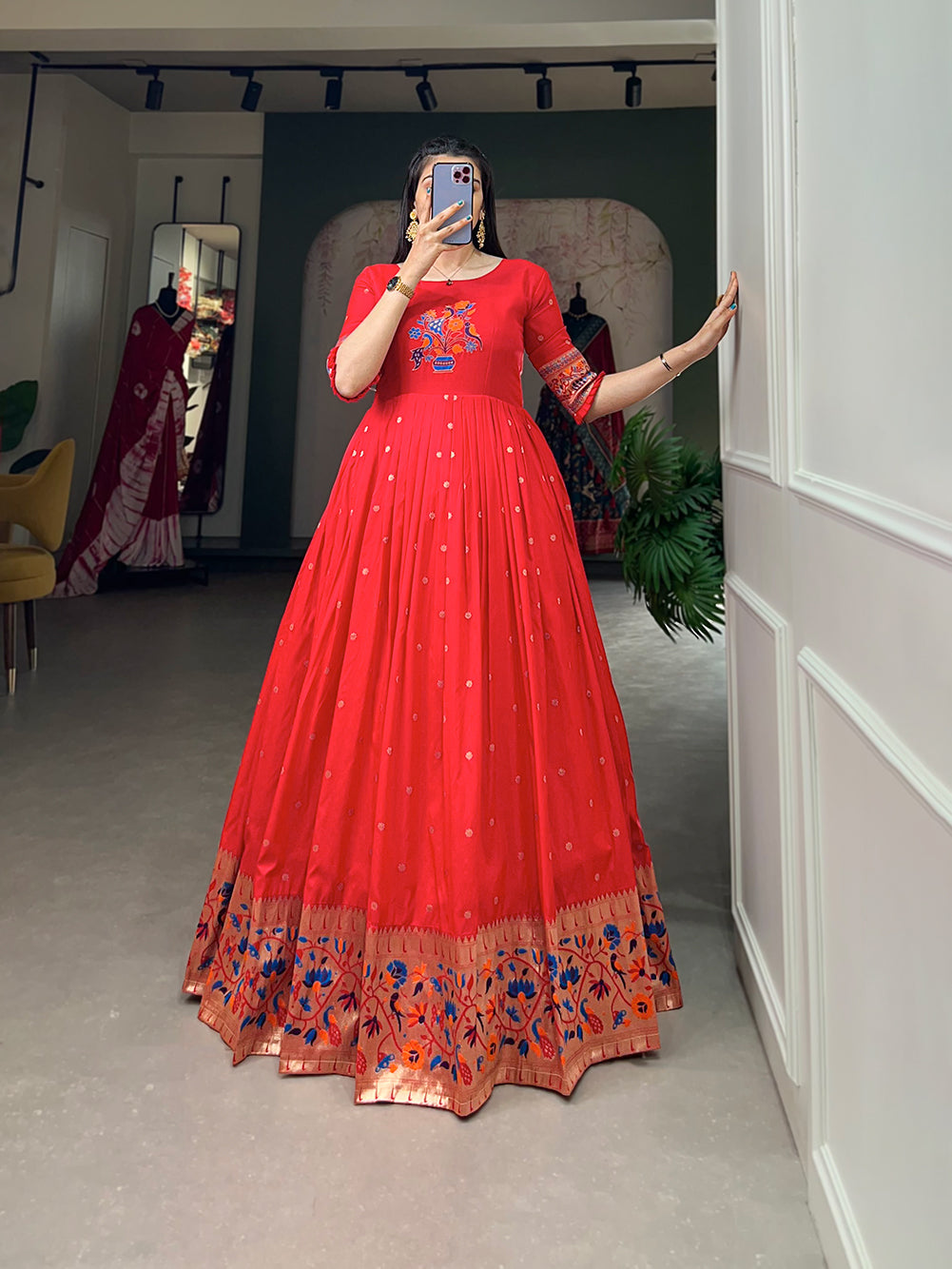 Lorenvalley Red Jacquard Silk Paithani Woven Design Gown | Swadesiicart