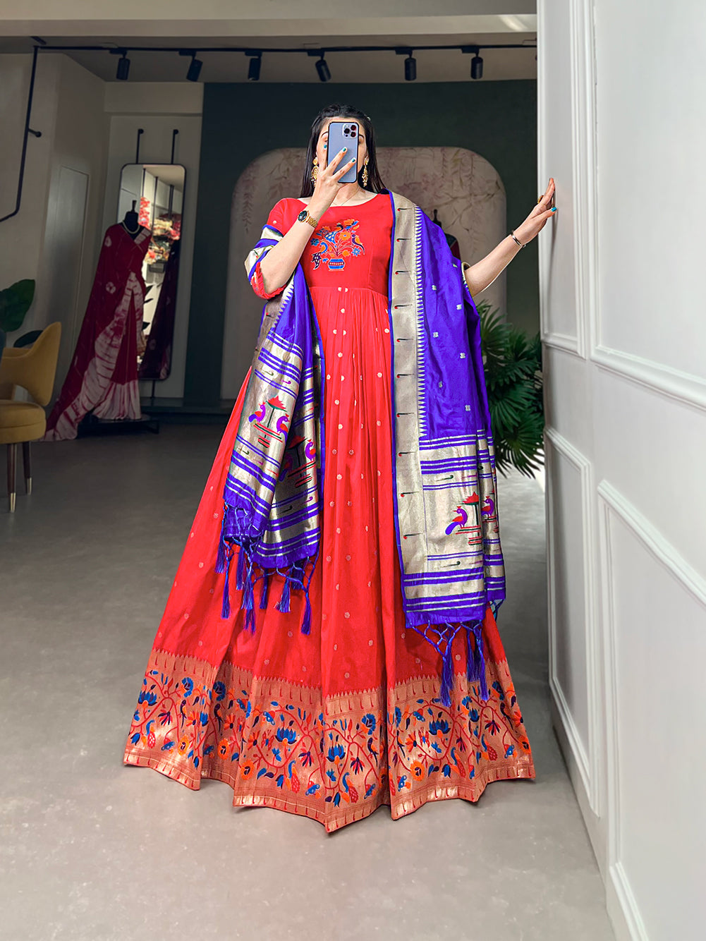 Lorenvalley Red Jacquard Silk Paithani Woven Design Gown with Dupatta | Swadesiicart