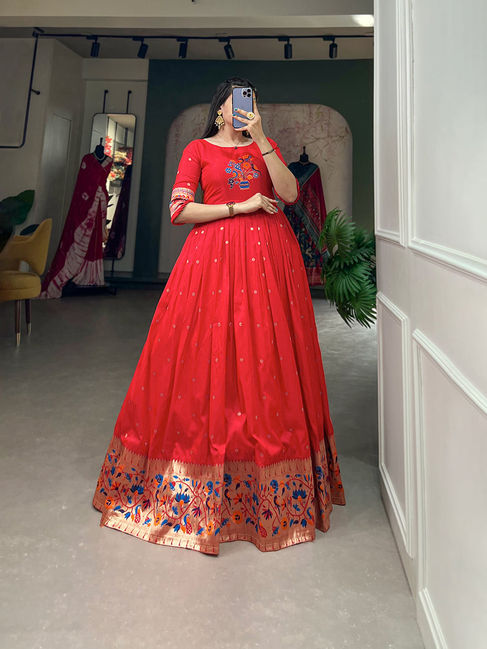 Lorenvalley Red Jacquard Silk Paithani Woven Design Gown | Swadesiicart
