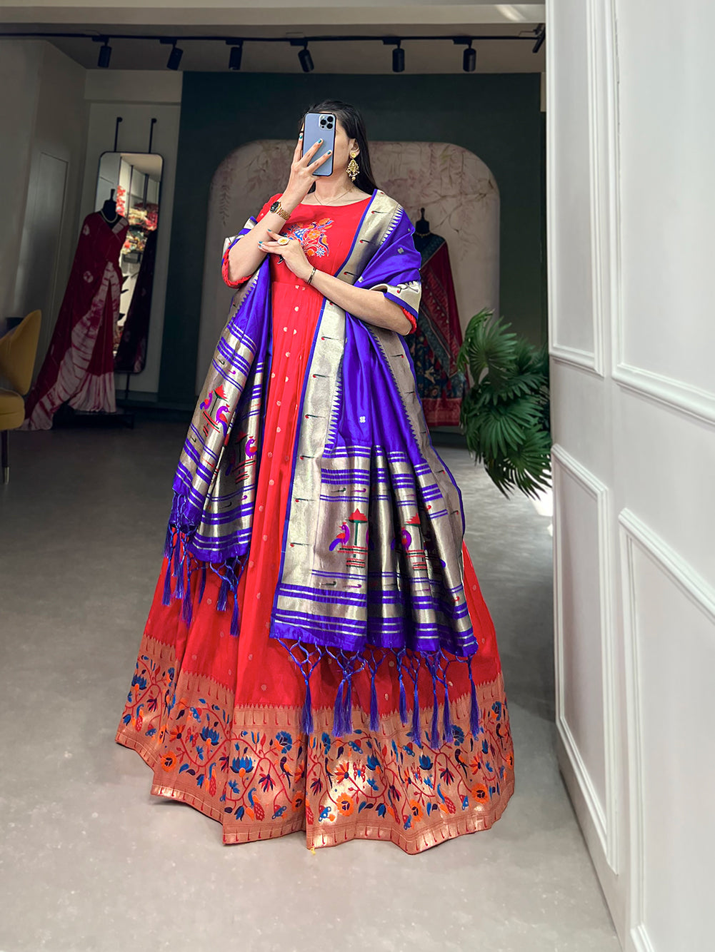 Lorenvalley Red Jacquard Silk Paithani Woven Design Gown with Dupatta | Swadesiicart