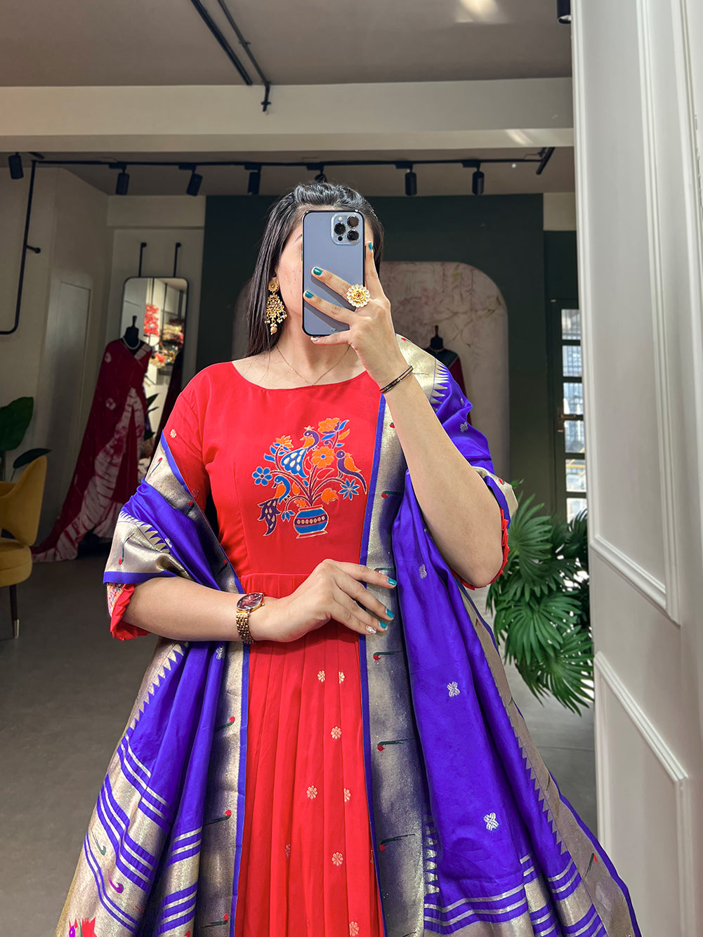 Lorenvalley Red Jacquard Silk Paithani Woven Design Gown with Dupatta | Swadesiicart