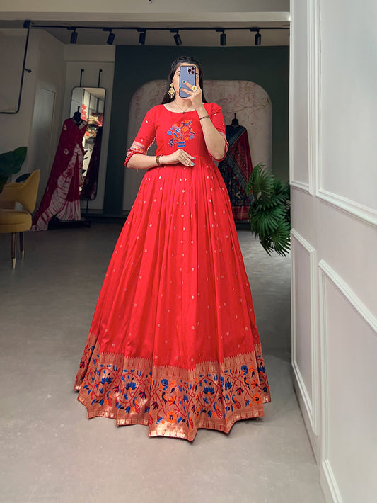 Lorenvalley Red Jacquard Silk Paithani Woven Design Gown | Swadesiicart
