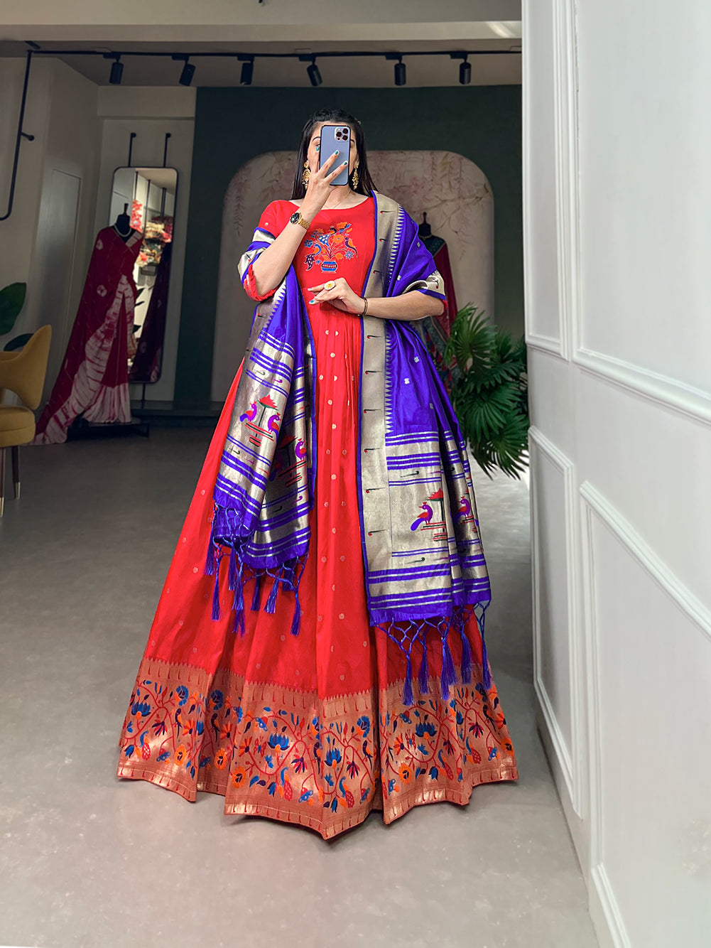 Lorenvalley Red Jacquard Silk Paithani Woven Design Gown with Dupatta | Swadesiicart