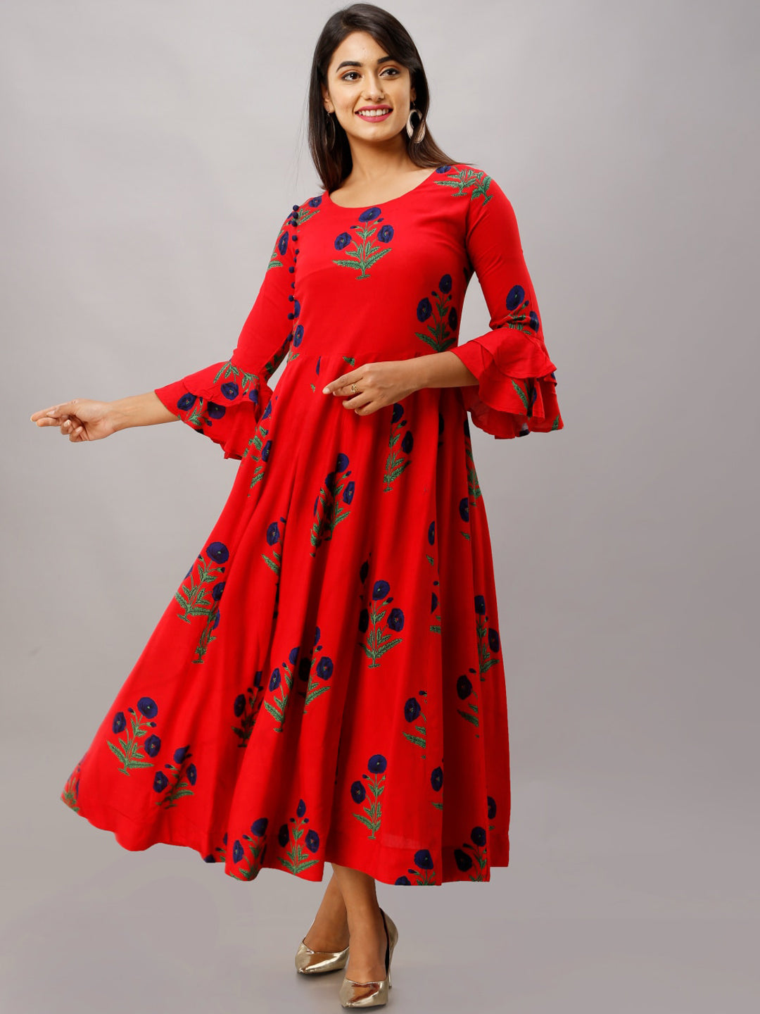 Kalini Women Red Floral Embroidered Flared Sleeves Anarkali Kurta | Swadesiicart