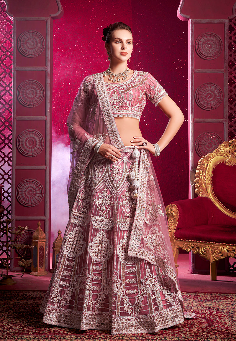 Monjolika Fashion Embroidered And Sequin Work Net Pink Wedding Lehenga Choli - Swadesiicart