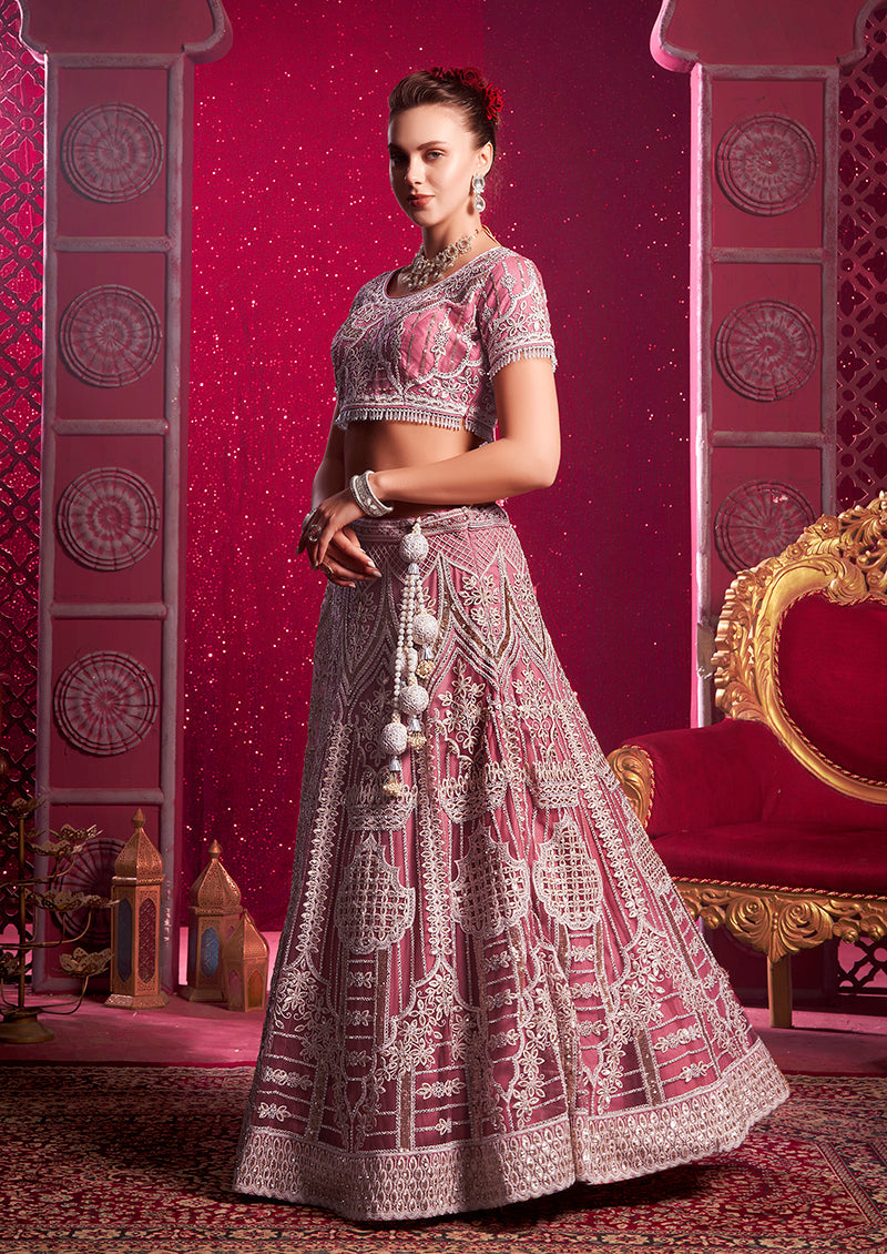 Monjolika Fashion Embroidered And Sequin Work Net Pink Wedding Lehenga Choli - Swadesiicart