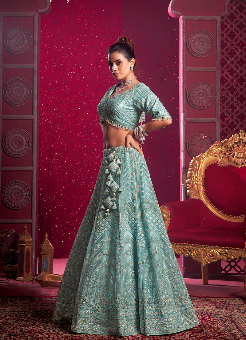 Monjolika Fashion Aqua Blue Embroidered And Sequin Work Wedding Lehenga Choli - Swadesiicart
