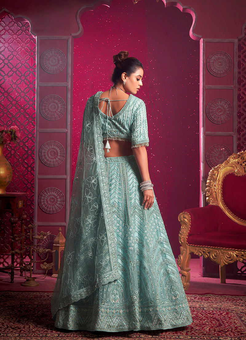 Monjolika Fashion Aqua Blue Embroidered And Sequin Work Wedding Lehenga Choli - Swadesiicart