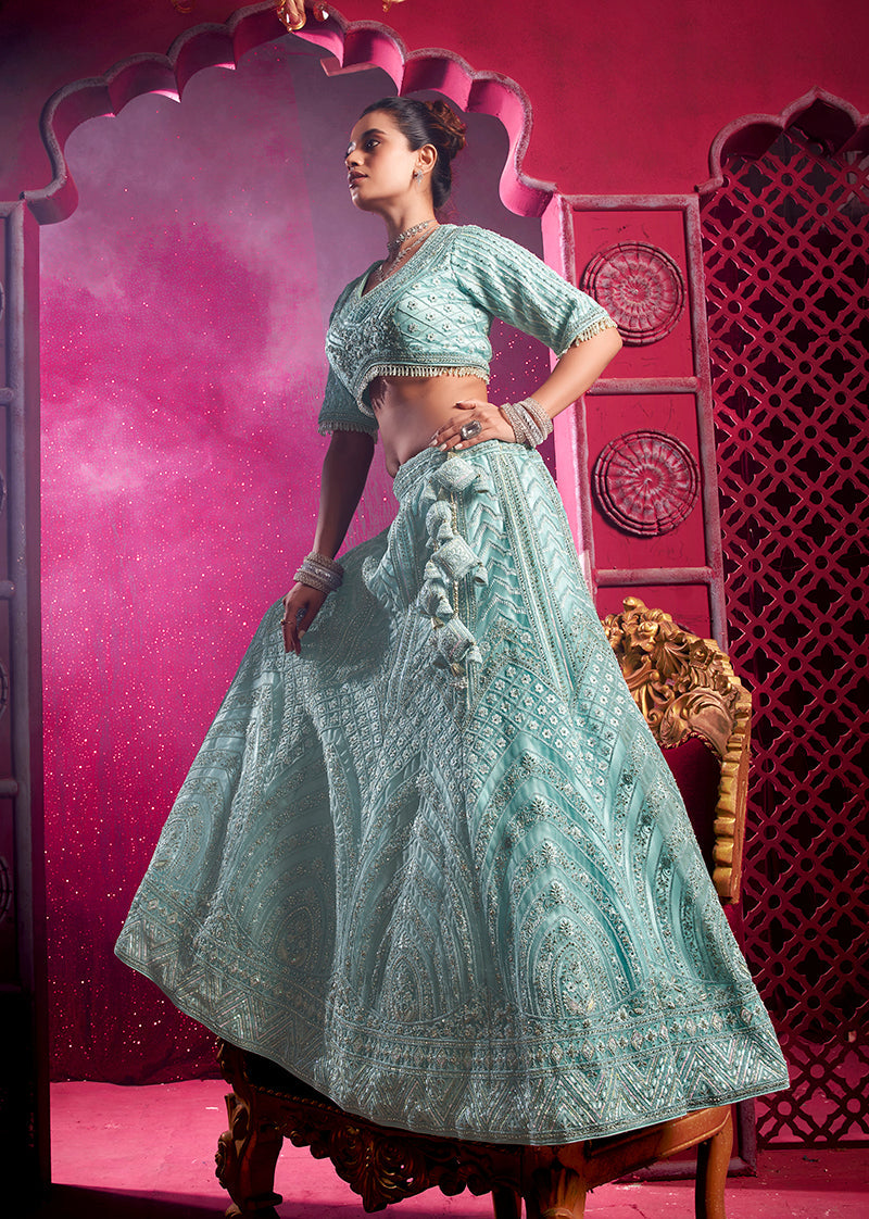 Monjolika Fashion Aqua Blue Embroidered And Sequin Work Wedding Lehenga Choli - Swadesiicart